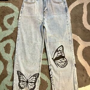 Butterfly Print Light Blue Wide Leg Jeans